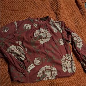 Green Relaxed Graphic Blouse with Mandarin Collar